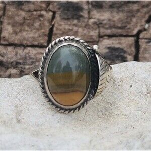Vintage Navajo Handmade Jasper earthtone gemstone Ring Sz 6.5 sterling silver